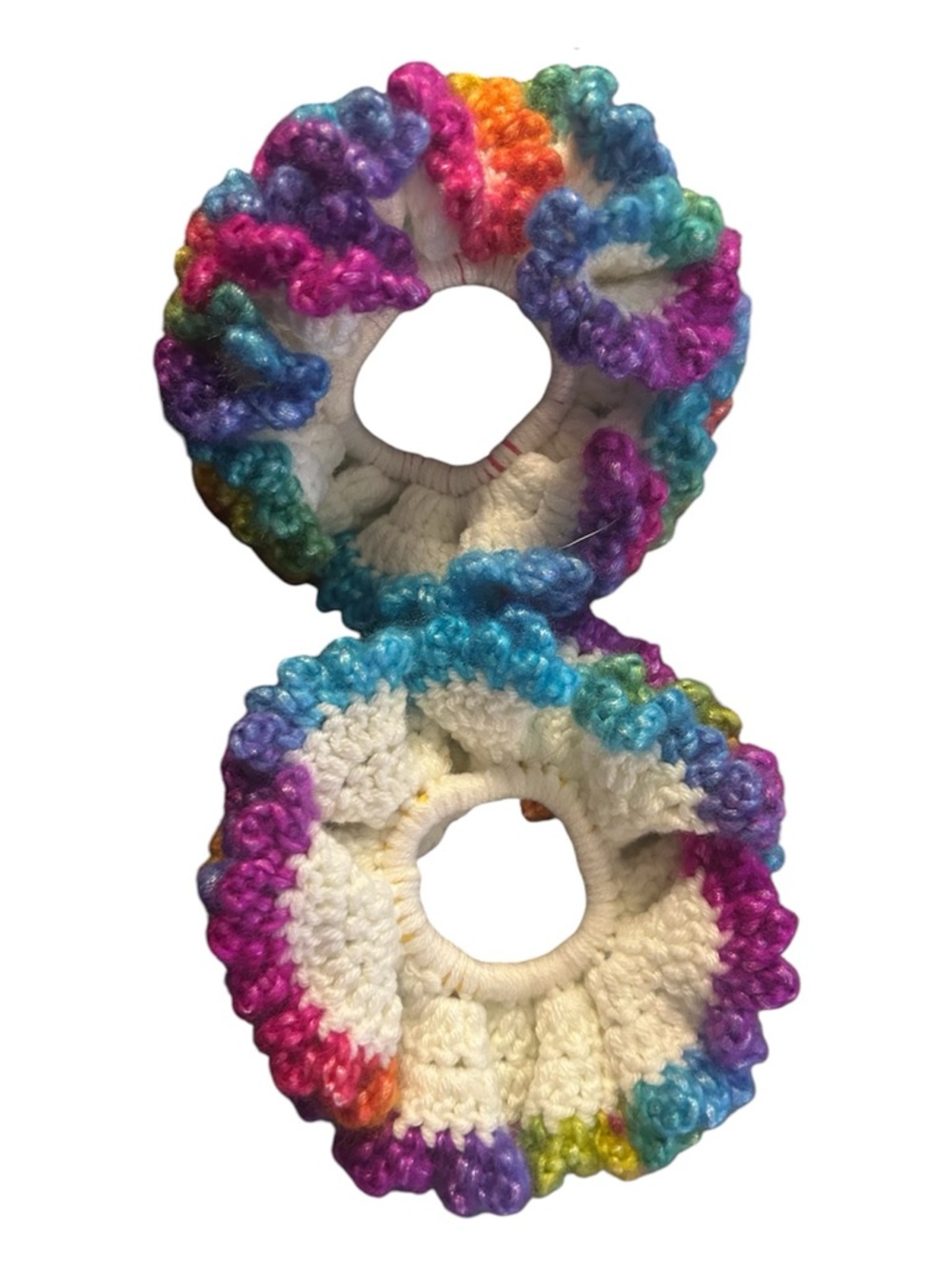 Hand Crafted White Crochet Scrunchie with Rainbow Ruffle
